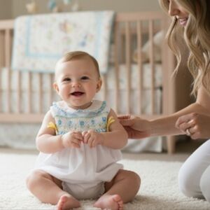 NWT Petit Ami White Bubble with Blue and Yellow Flower Accents Sz 3M